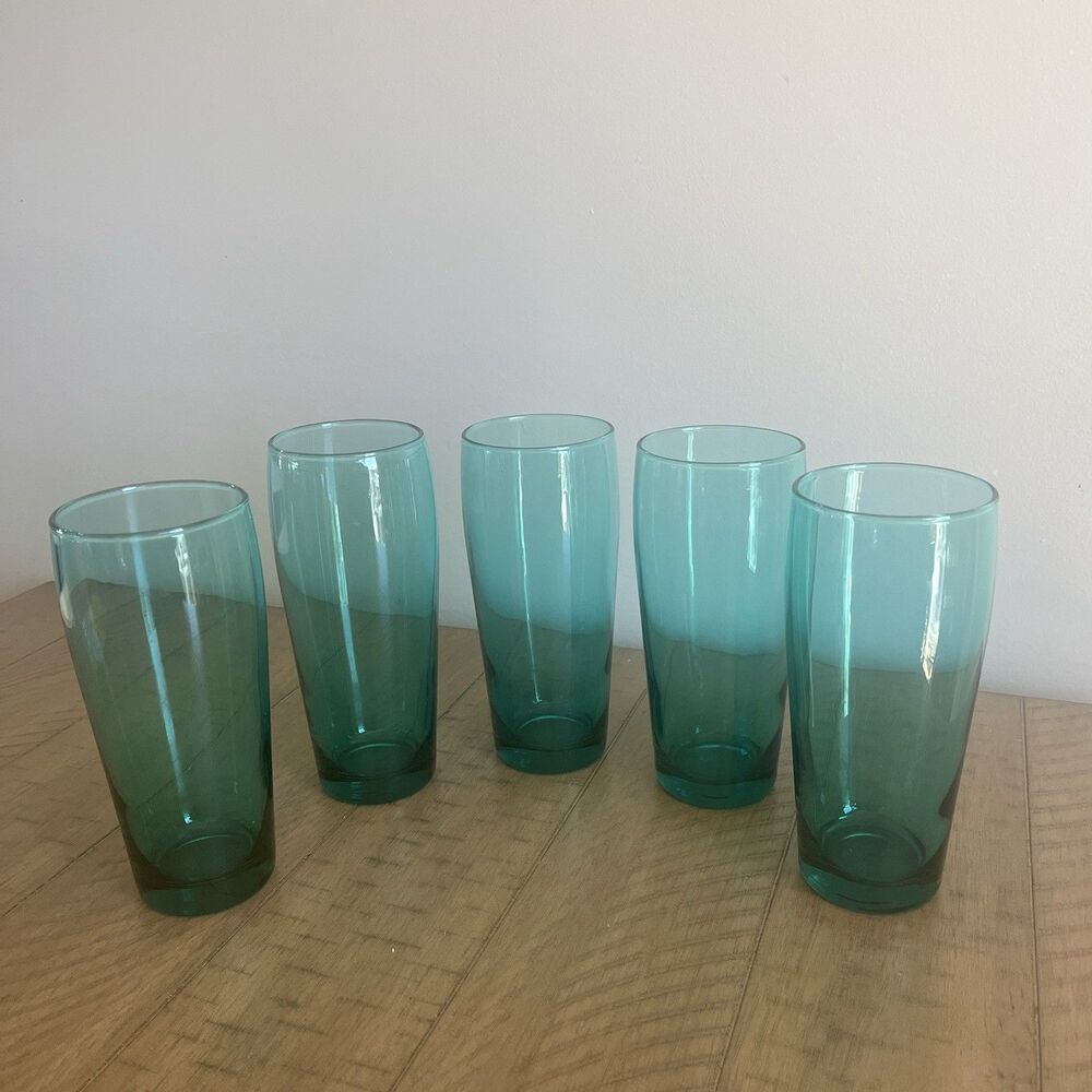 Set of 5 Vintage Cristar Bilbao Smokey Green Glass Tall Tumblers 16 oz. 6.5 in.